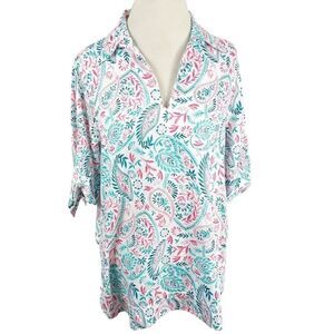 Foxcroft Paisley Tunic Top V-neck Bow Tie Short Sleeves Beachy Resort Size 12